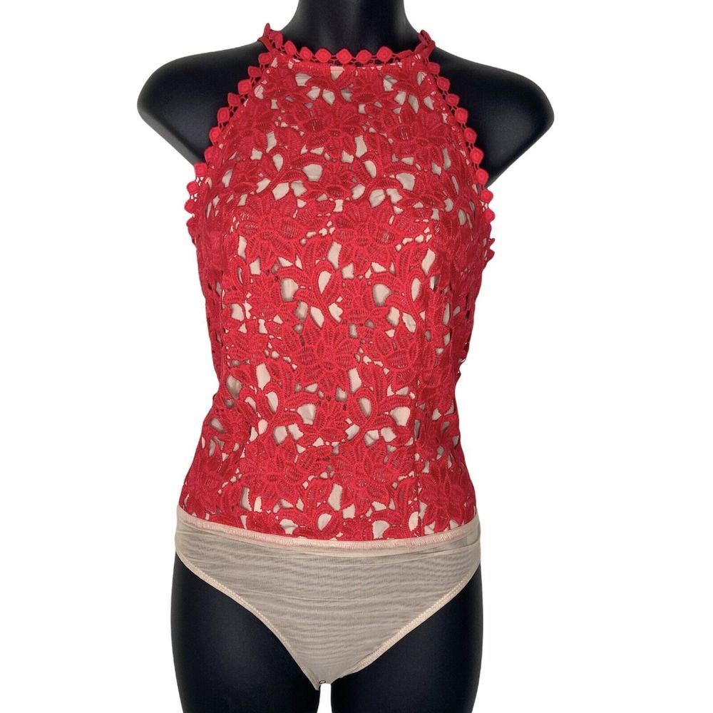 STYLESTALKER Bodysuit Red Lace Mesh Tank‎ Top Shirt Halter Neck XS